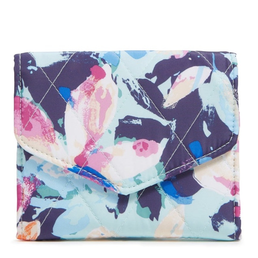 Vera Bradley Trifold Wallet ‘Floating Blossoms’ Teal & Pink Quilted Nylon EUC